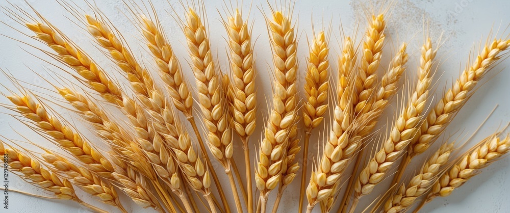 Poster golden wheat ears arranged on white background closeup with copy space for agricultural themes and n