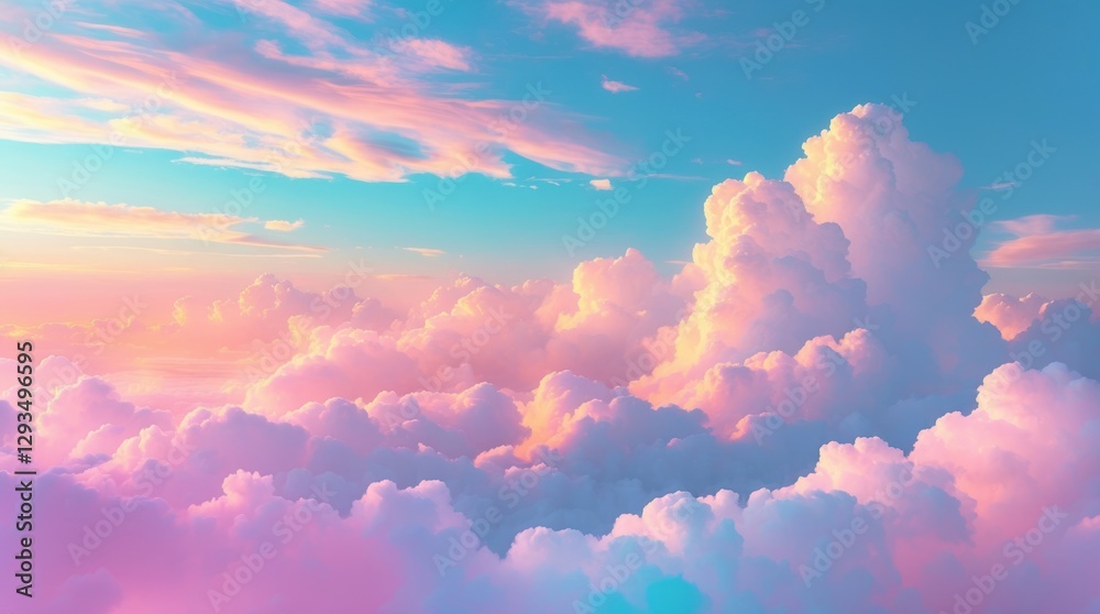 Aufkleber Pastel multicolored gradient sky with fluffy clouds creating a serene and dreamy nature abstract background for creative projects.