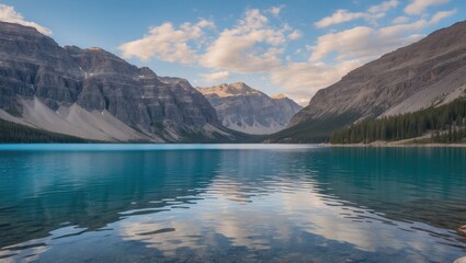 Naklejka premium Serene Lake Reflection Surrounded By Rocky Mountains Under A Clear Sky With Space For Text Overlay