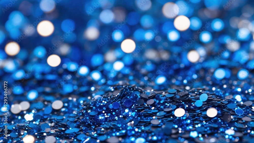 Poster Vibrant blue glitter background with scattered shiny particles creating a dazzling and festive ambiance for various design projects.