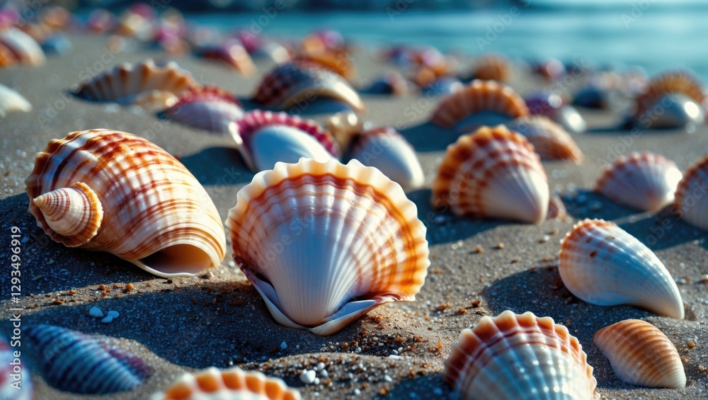 Poster Seashells scattered on a sandy beach with selective focus showcasing the intricate textures and colors of coastal marine life.