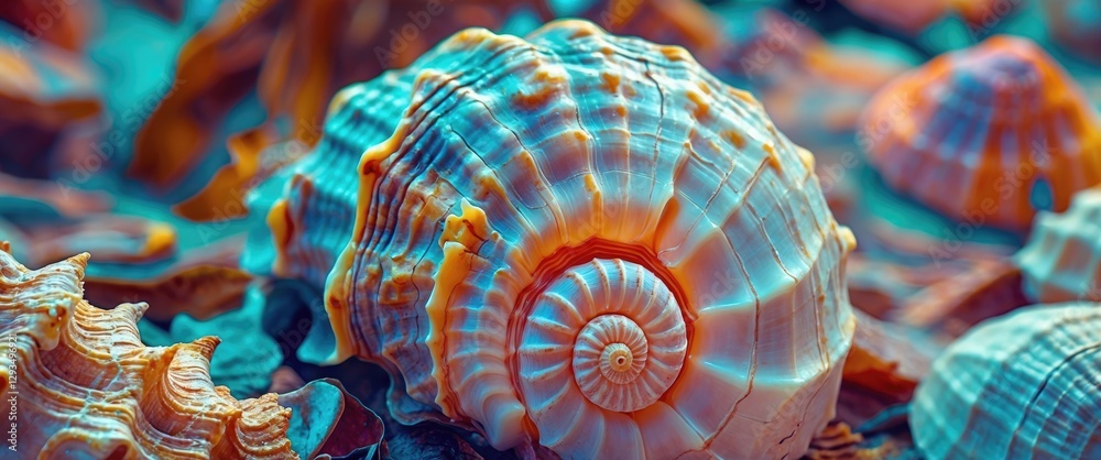 Poster Colorful and intricate texture of seashells on a sandy beach creating a serene coastal atmosphere suitable for marine-themed designs.
