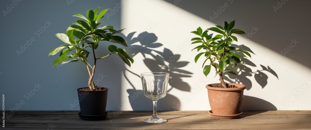 Poster elegant shadows of potted plants and a glass on a wooden table illuminated by sunlight creating sere