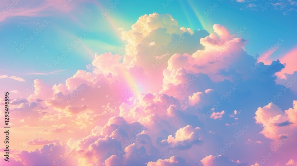 Aufkleber Pastel multicolored gradient sky with fluffy clouds and soft lighting creating a serene and dreamy abstract nature background.