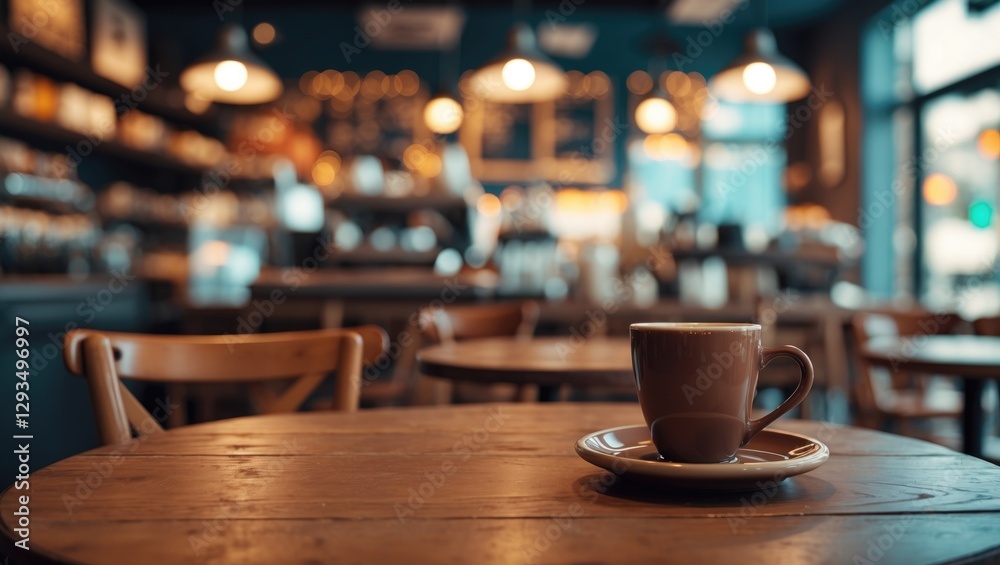 Poster cozy coffee shop setting with a focus on an empty wooden table and a coffee cup, ideal for product d