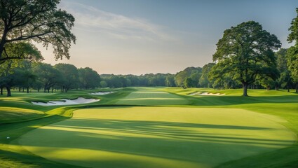 Scenic View of Lush Green Golf Course with Vibrant Turf and Tranquil Landscape Perfect for Promotional Text and Marketing Material