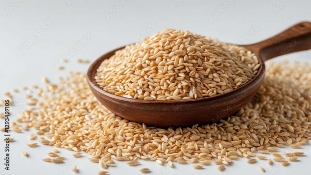 Poster nutrient-rich sesame seeds displayed in a wooden spoon with scattered seeds on a clean white backgro