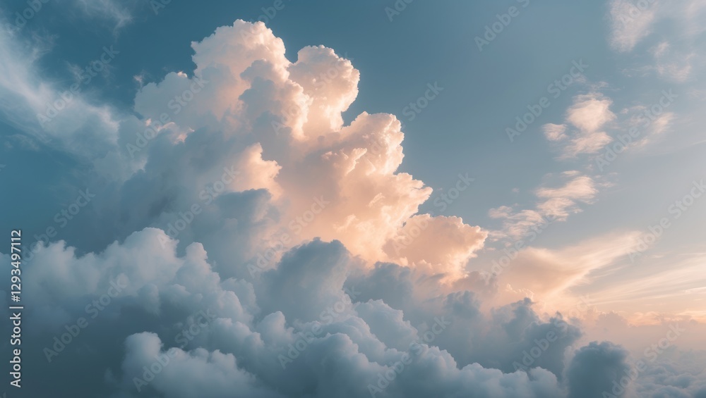Poster Soft pastel clouds illuminated by sunlight against a serene sky, creating an ethereal abstract nature background.