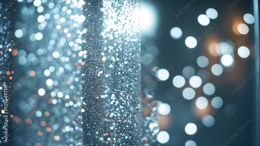 Poster Sparkling silver glitter effect on blurred glass with bokeh lights creating a dreamy and whimsical bathroom ambiance.