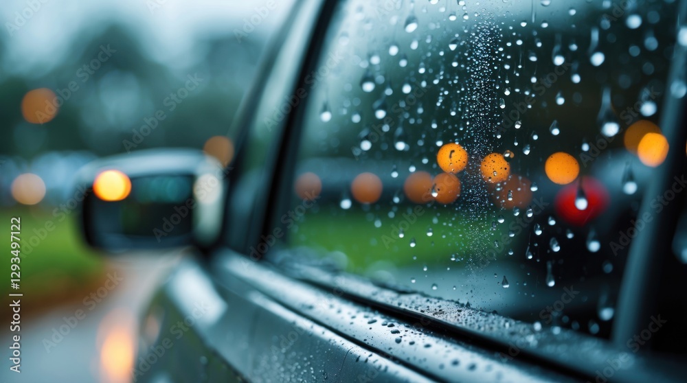 Aufkleber Close-up view of raindrops on a car window with a blurred background featuring soft bokeh lights and a tranquil atmosphere.