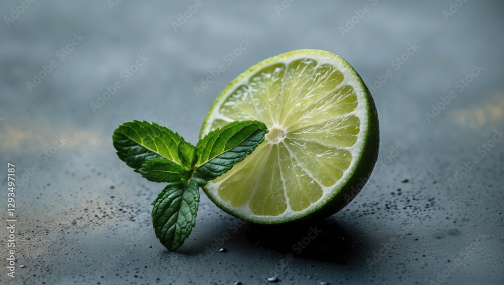 Poster Fresh Lime Slice Garnished with Mint Leaves on a Textured Surface with Space for Custom Text or Branding