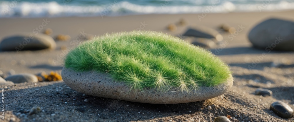 Aufkleber green textured stone with fuzzy grass on seashore surrounded by beach pebbles and ocean waves in the