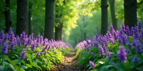 Wild lilac lavender growing amidst tall trees and lush undergrowth, foliage, plants
