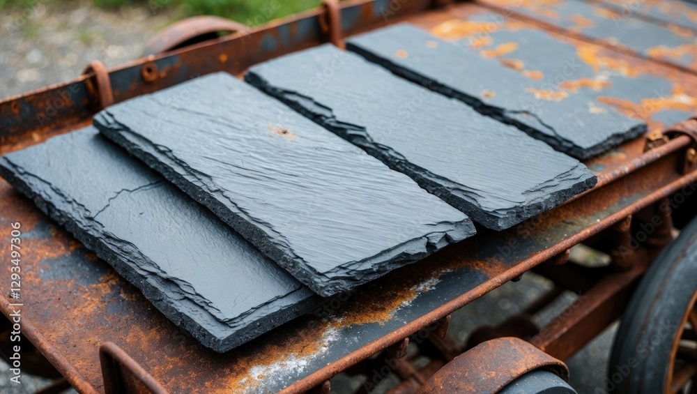 Aufkleber Slate tiles arranged on a weathered rusty wagon showcasing texture and contrast in a rustic outdoor setting.