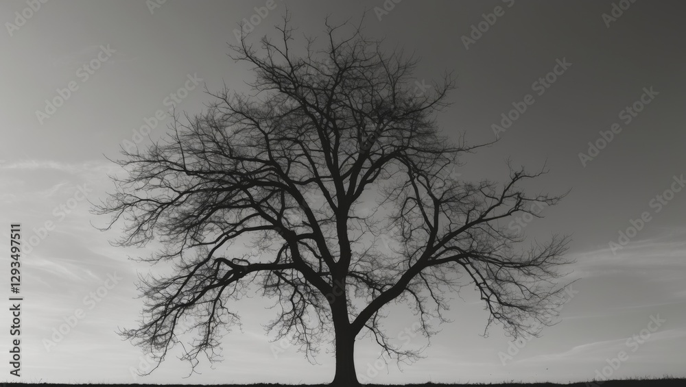 Aufkleber lonely silhouette of a leafless tree against a dramatic gray sky captured in monochrome photography 