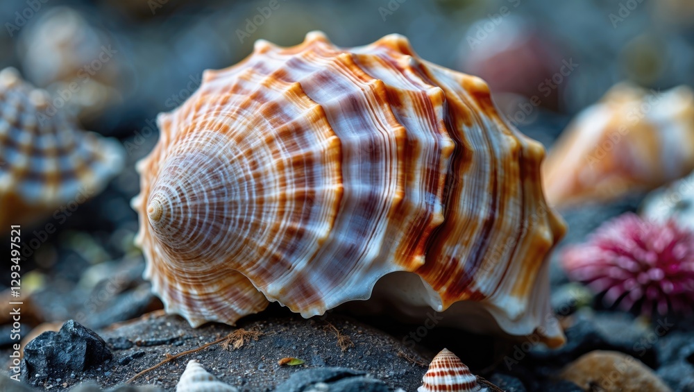 Aufkleber Vibrant Seashell Displaying Intricate Patterns and Rich Colors on Pebbled Shoreline