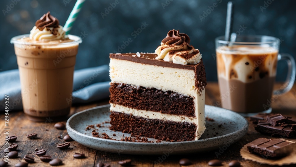 Poster decadent chocolate layer cake slice served with iced coffee beverages on rustic wooden background