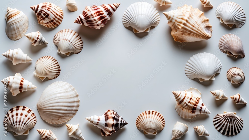 Aufkleber Seashells arranged on a clean white background with ample negative space for text or design elements, ideal for beach-themed projects.