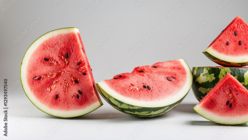 Poster fresh watermelon halves and slices displayed on light background ideal for summer recipes and health