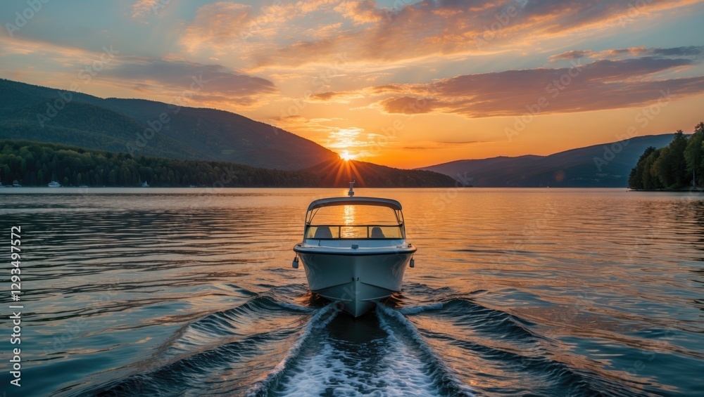 Poster scenic sunset over lake with motor boat creating ripples in calm waters and majestic mountains in ba