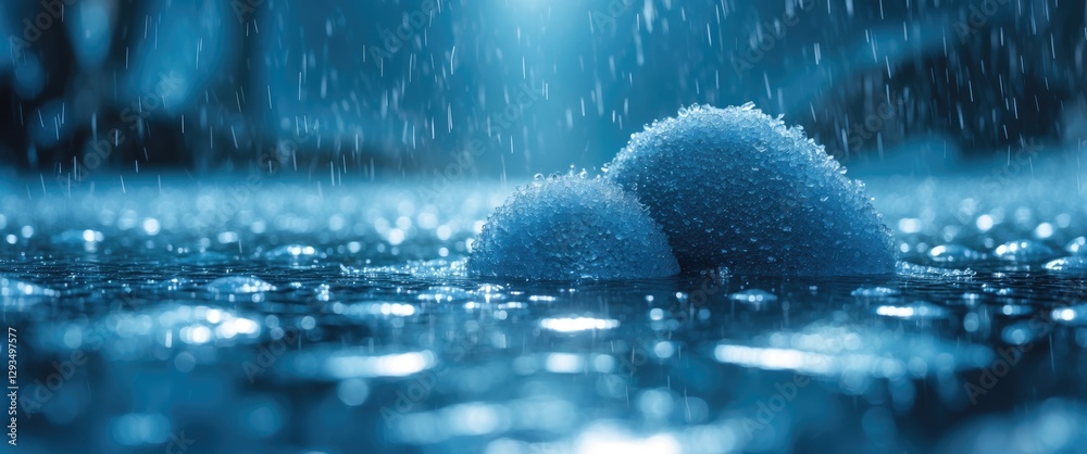 Poster Blue rain droplets on surfaces creating a serene blurred background with subtle textures and reflections in a tranquil outdoor setting.