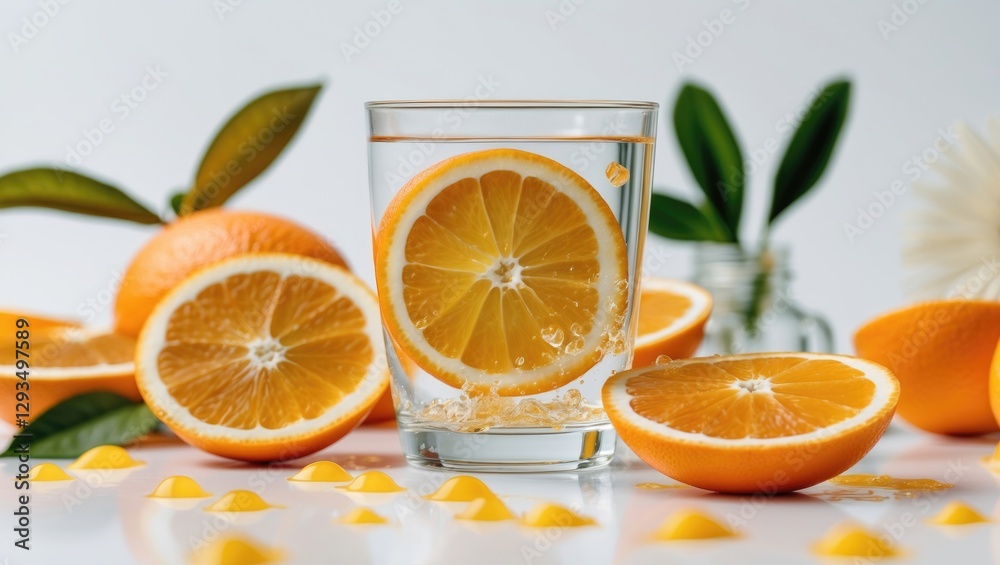Poster fresh orange slices in water glass with whole oranges and leaves on a light background ideal for ref