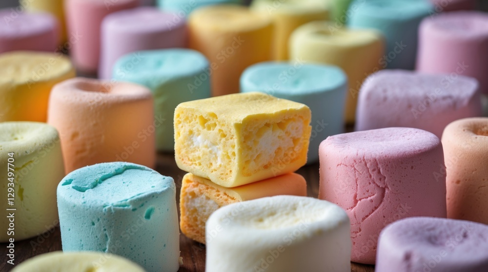 Poster colorful assortment of marshmallows in pastel shades arranged on a wooden surface creating a vibrant