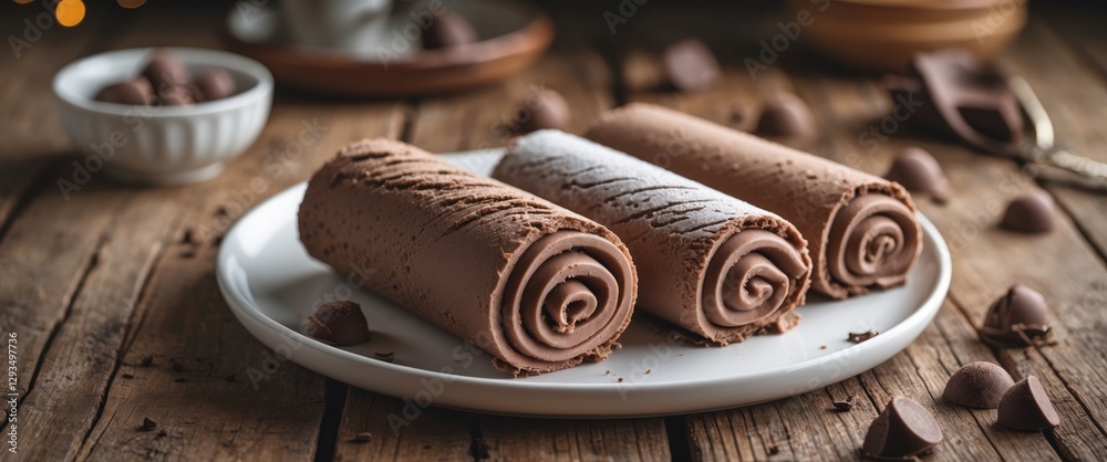 Aufkleber Chocolate Ice Cream Rolls on White Plate with Wooden Table Background in Warm Lighting and Empty Space for Text or Branding
