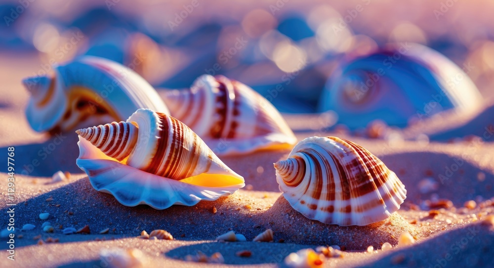 Poster colorful seashells scattered on sandy beach during sunset with bokeh effect creating a serene coasta