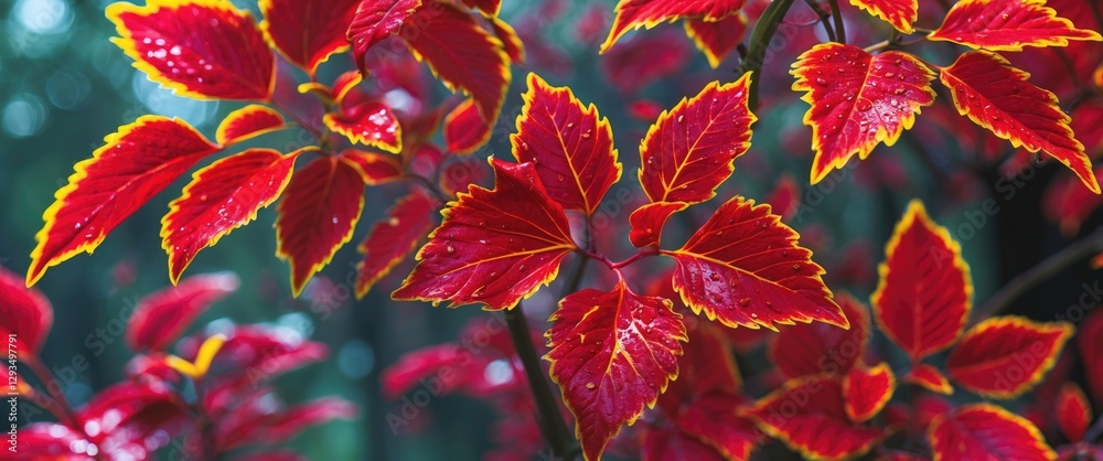 Poster vibrant red leaves with yellow edges showcasing unique texture and fresh appearance set against a bl
