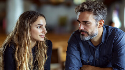 Obraz premium A man and a woman are sitting indoors, engaged in conversation. Concept of communication and connection. For a relationship or conversation article.