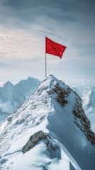 Red flag on snowy mountain peak against a clear sky, vibrant and bold. Adventure and achievement concept