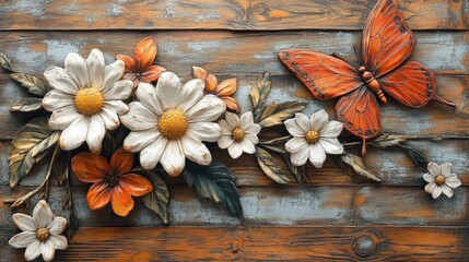 Fototapeta premium 3D Flowers: Beautiful Daisy and Butterfly on Rustic Wood Wall Art Print, Elegant Home Decor Wall Hanging, Charming Country Farmhouse Artwork for Kitchen or Bathroom Spaces