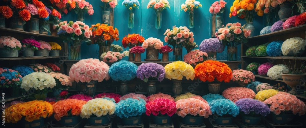 Poster vibrant display of colorful artificial flowers in various arrangements showcasing beauty and creativ