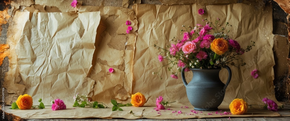 Poster vintage floral arrangement against textured old paper background with colorful flowers and a rustic 