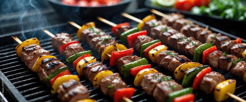 Poster Grilled Meat and Vegetable Skewers on Barbecue with Smoky Background and Blank Space for Text Display