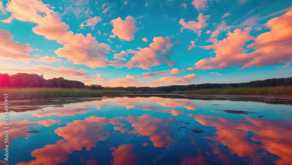 Poster serene sunset over calm waters with colorful reflections and lush greenery in the background capturi