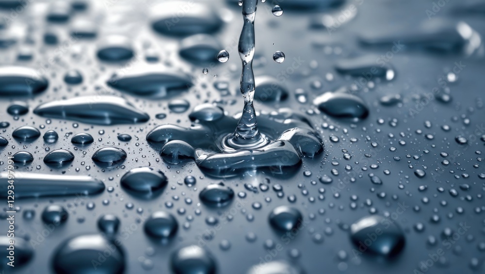 Poster water droplets cascading on a smooth plastic surface creating a mesmerizing abstract pattern in shad