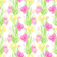 Hand drawn watercolor pink and yellow tulips with green leaves seamless pattern. Illustration isolated on white background. Can be used for textile, fabric, wrapping and other printed products.