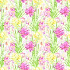 Hand drawn watercolor pink and yellow tulips with green leaves seamless pattern. Illustration isolated on white background. Can be used for textile, fabric, wrapping and other printed products.