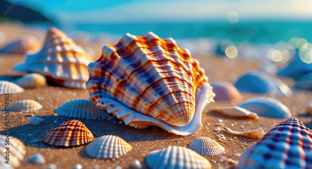 Poster Colorful seashells scattered on a sandy beach with gentle waves in the background creating a serene coastal atmosphere.