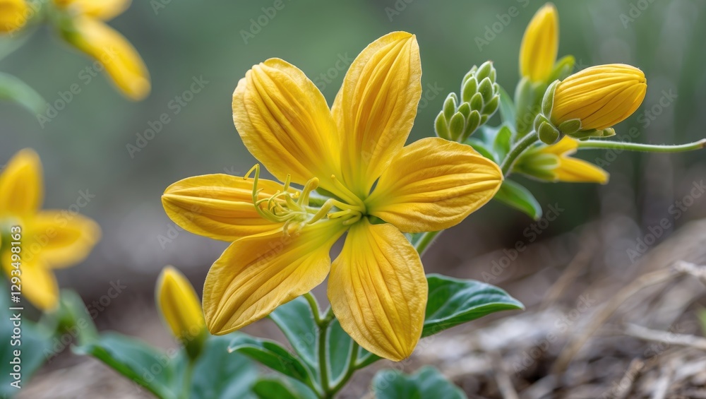 Poster vibrant yellow chalicevine flower in bloom with natural background and space for text in nature sett