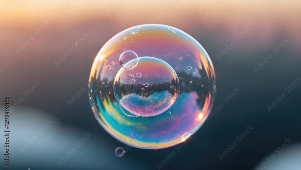 Aufkleber Vibrant soap bubble with colorful reflections floating against a soft blurred background in a dreamy light setting