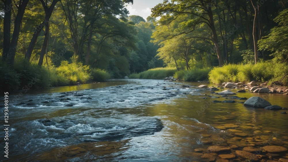 Poster tranquil summer river flowing through lush green forest surrounded by tall grass and sunlight filter