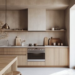 Fototapeta premium Modern kitchen featuring a wooden design with elegant wooden accents