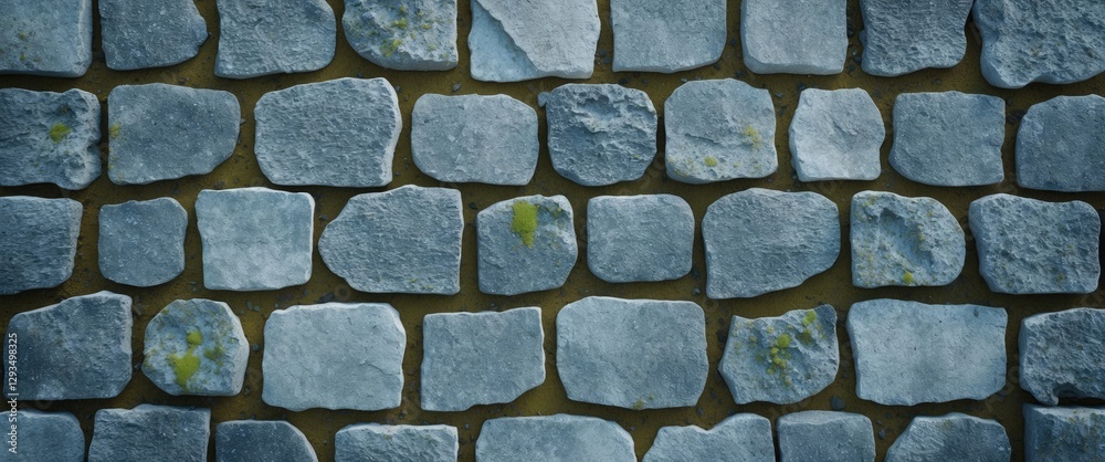 Aufkleber Gray rough textured stones arranged in a rectangular pattern with mossy accents on the surface ideal for backgrounds or architectural designs.