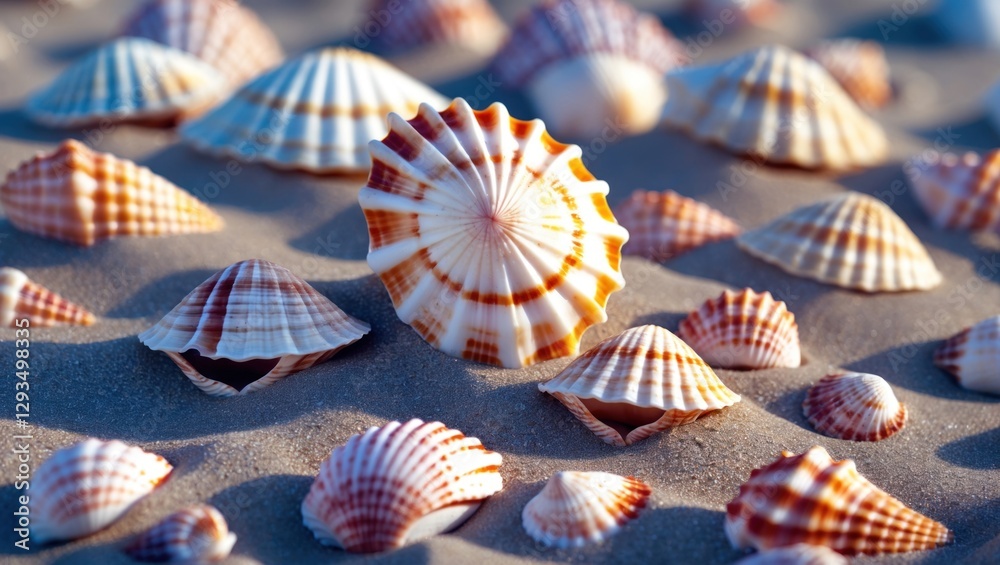 Aufkleber Seashells scattered on sandy beach creating a natural texture for design elements or backgrounds in coastal themed projects.