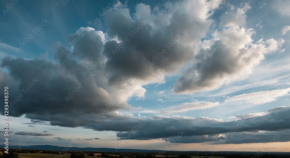 Poster dramatic sky featuring a blend of gray clouds and soft light over a serene landscape during twilight