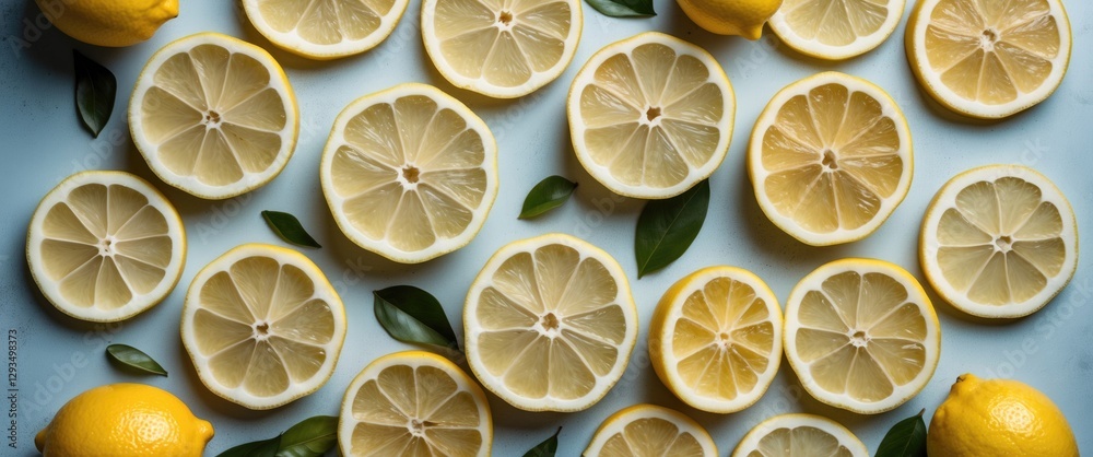 Poster Lemon Slices Arranged Elegantly on Blue Background with Leaves and Space for Text or Graphics