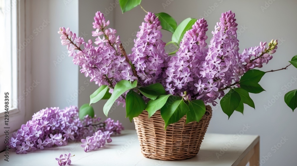 Poster blooming purple lilacs with green leaves arranged in a wicker basket on a light table creating a coz